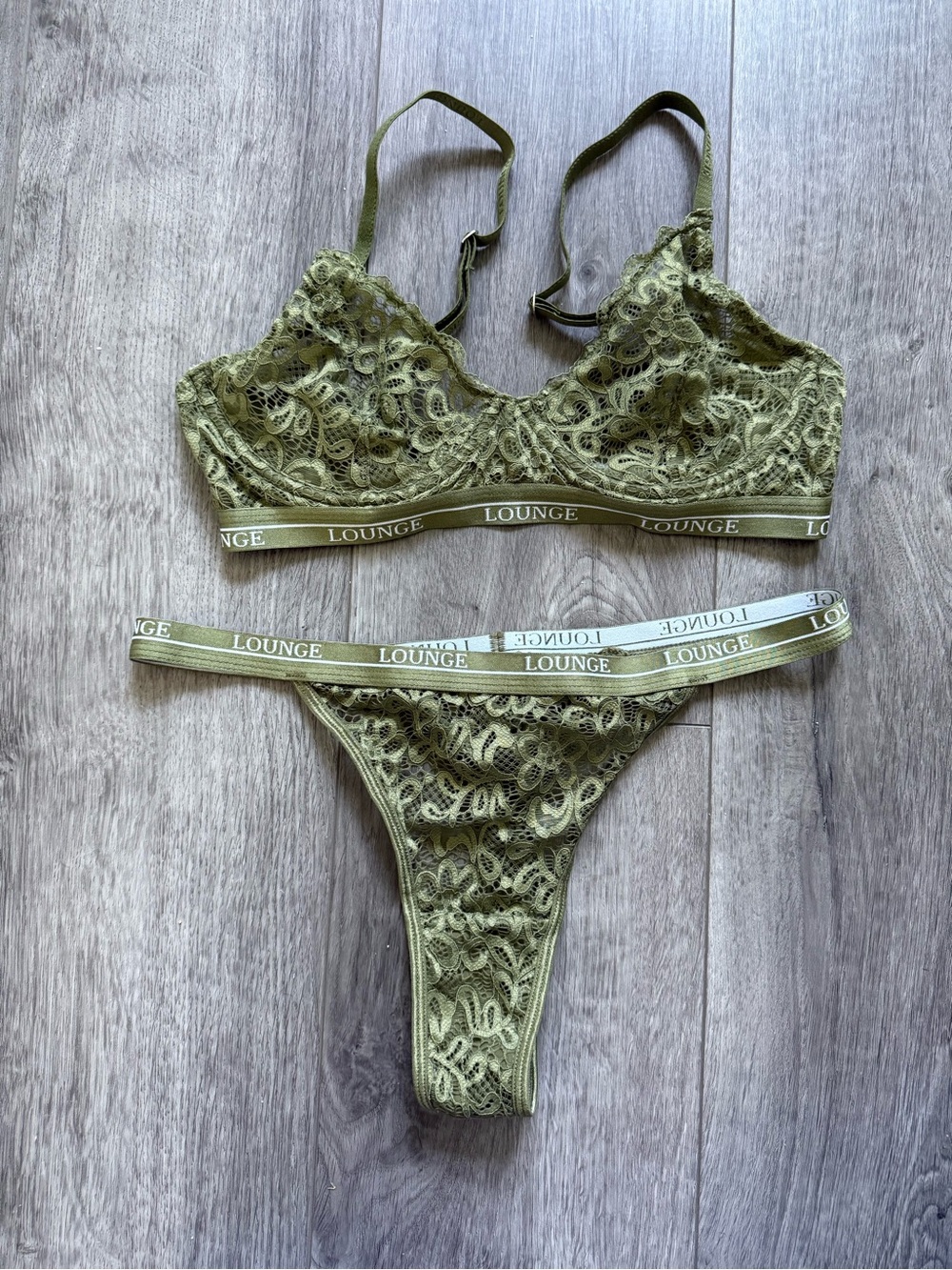 Lounge Olive Green Lace Bralette & Thong Set